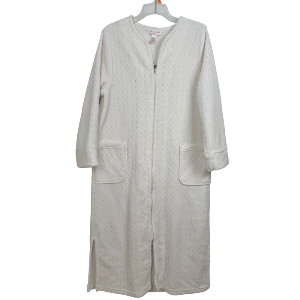 Oscar de la Renta Pink Label Ivory Plush Fleece Zip Front Robe Large Textured